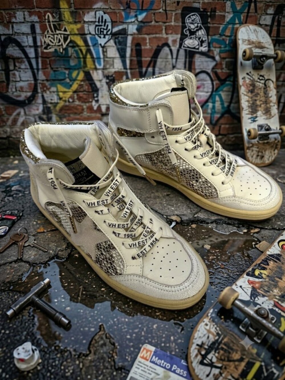 Vintage Havana High Top Fashion Sneakers - White Snakeskin & Glitter Women’s Siz